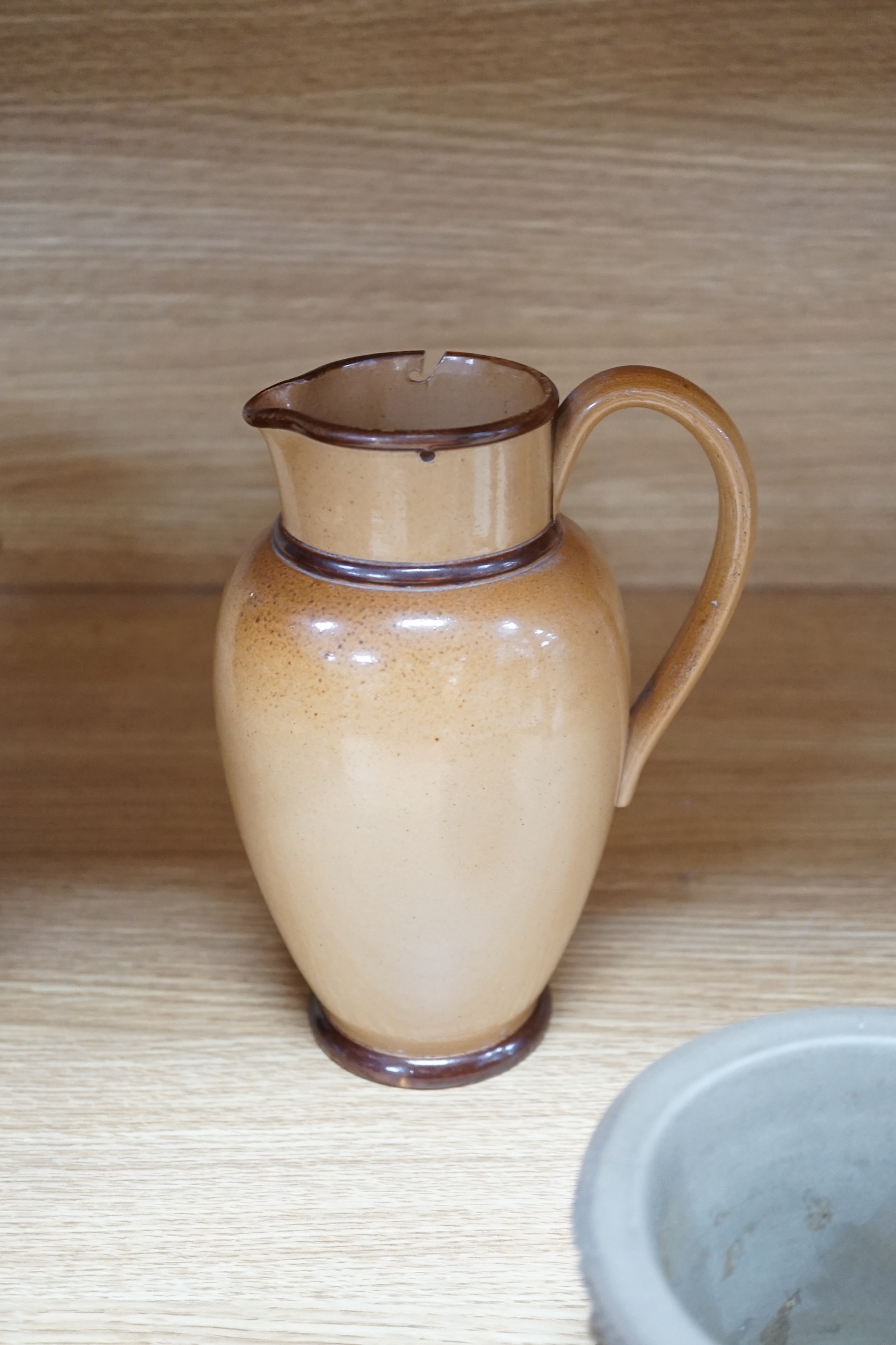 Five Meigh and Co. style Victorian stoneware planters and three Doulton jugs, tallest 20cm